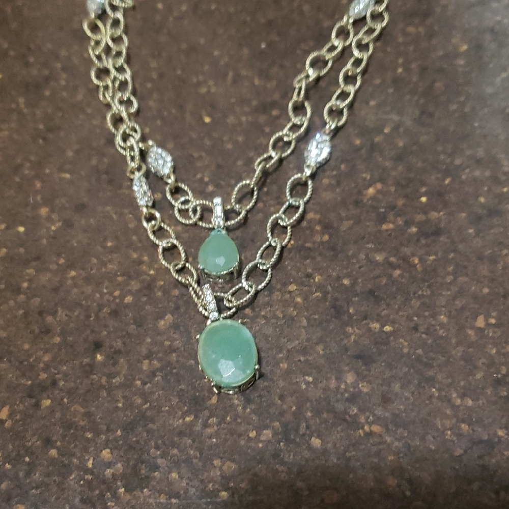 Vintage Monet Goldtone Necklace with Rhinestones and Aquamarine Pendants.